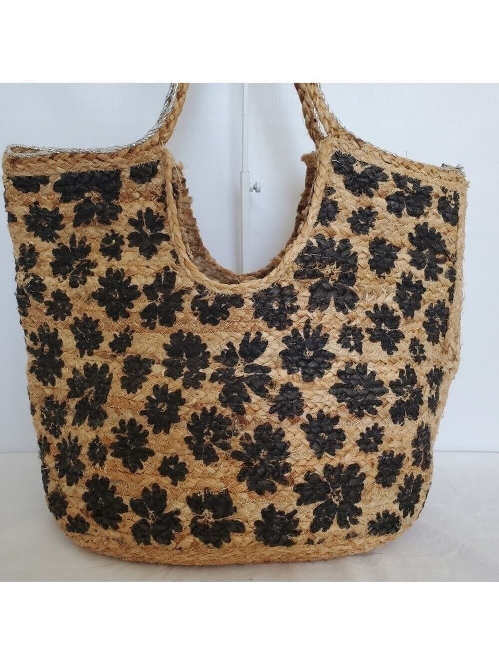 TOTE BAG BRAIDED ROPE TWIN VACATION CRUISE BEACH TAN BLACK FLOWERS WOMENS (OS) - Picture 3 of 15